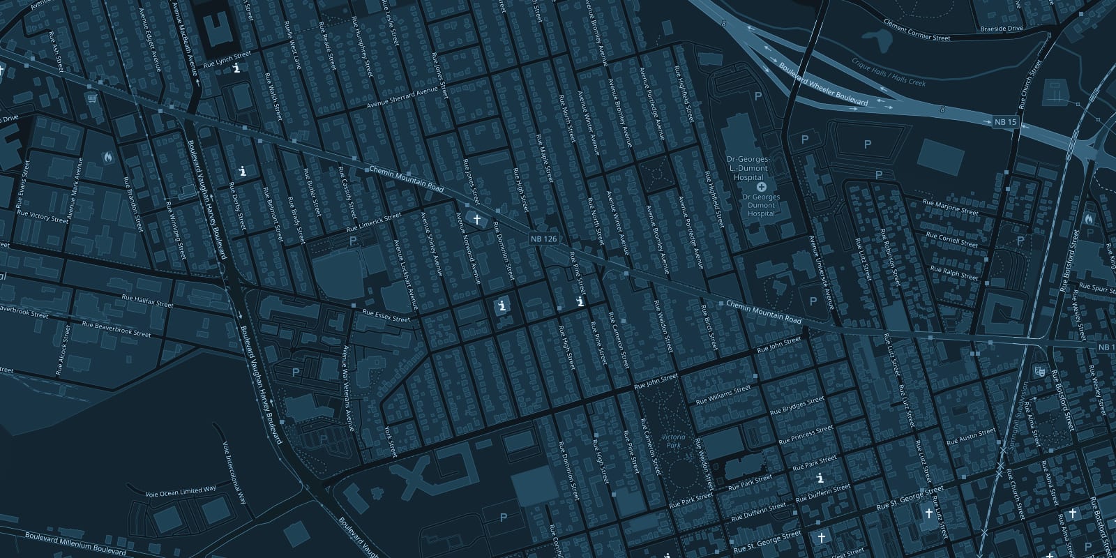 Map of Moncton with the AtlanticVR arena marked at 460 Mountain Rd, Moncton, NB